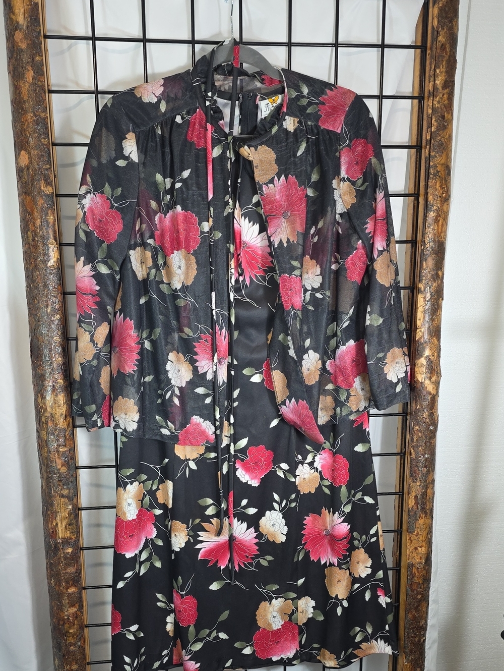 Floral Midi Dress in Black with Pink & Cream Blooms